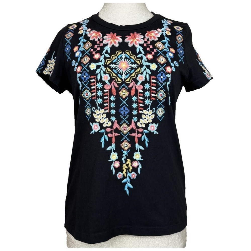 Driftwood T-Shirt Women S Black Embroidered Floral Boho Cowgirl Western Festival